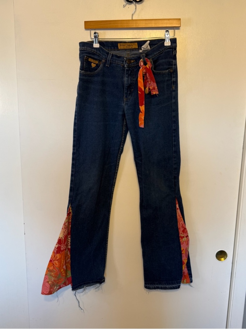 Betsey Johnson Dark Blue Jeans with‎ Orange and Pink Floral Pattern